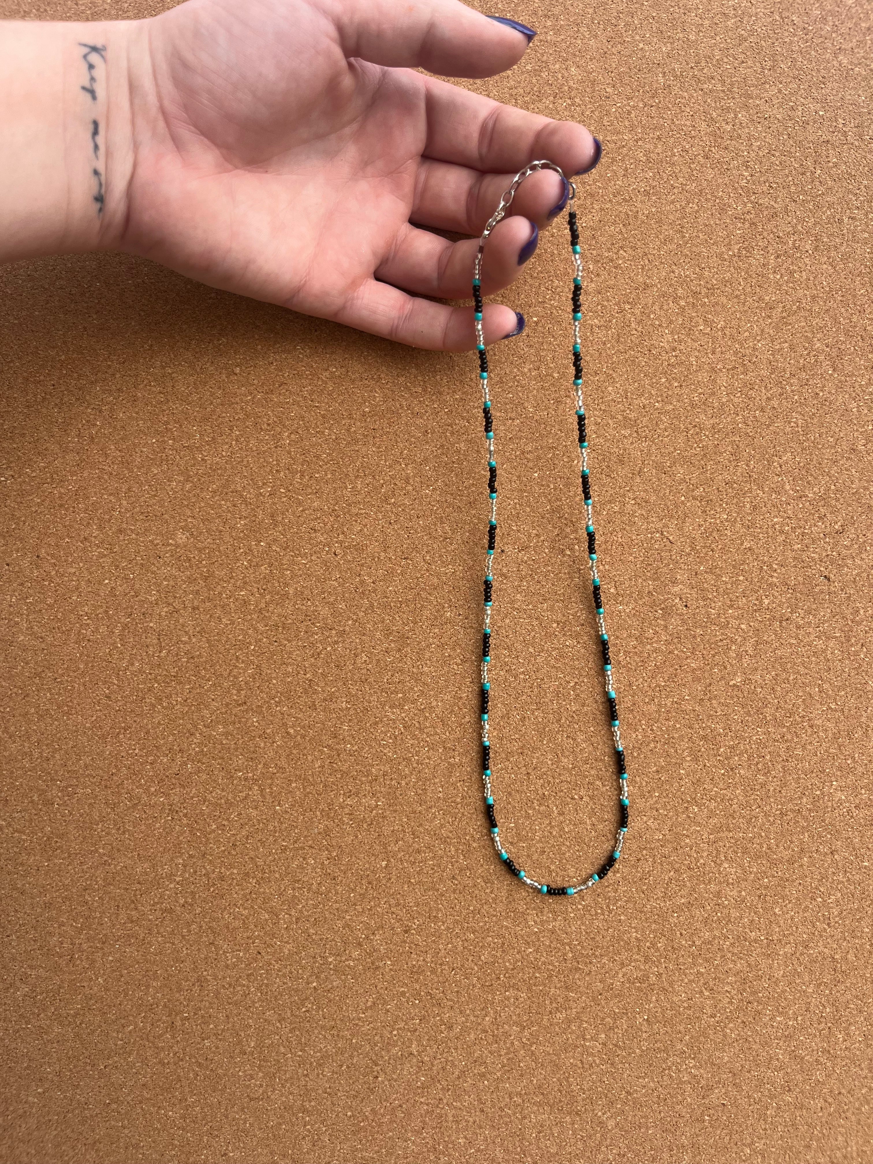 Black Turquoise and Silver Mid Length Western Necklace