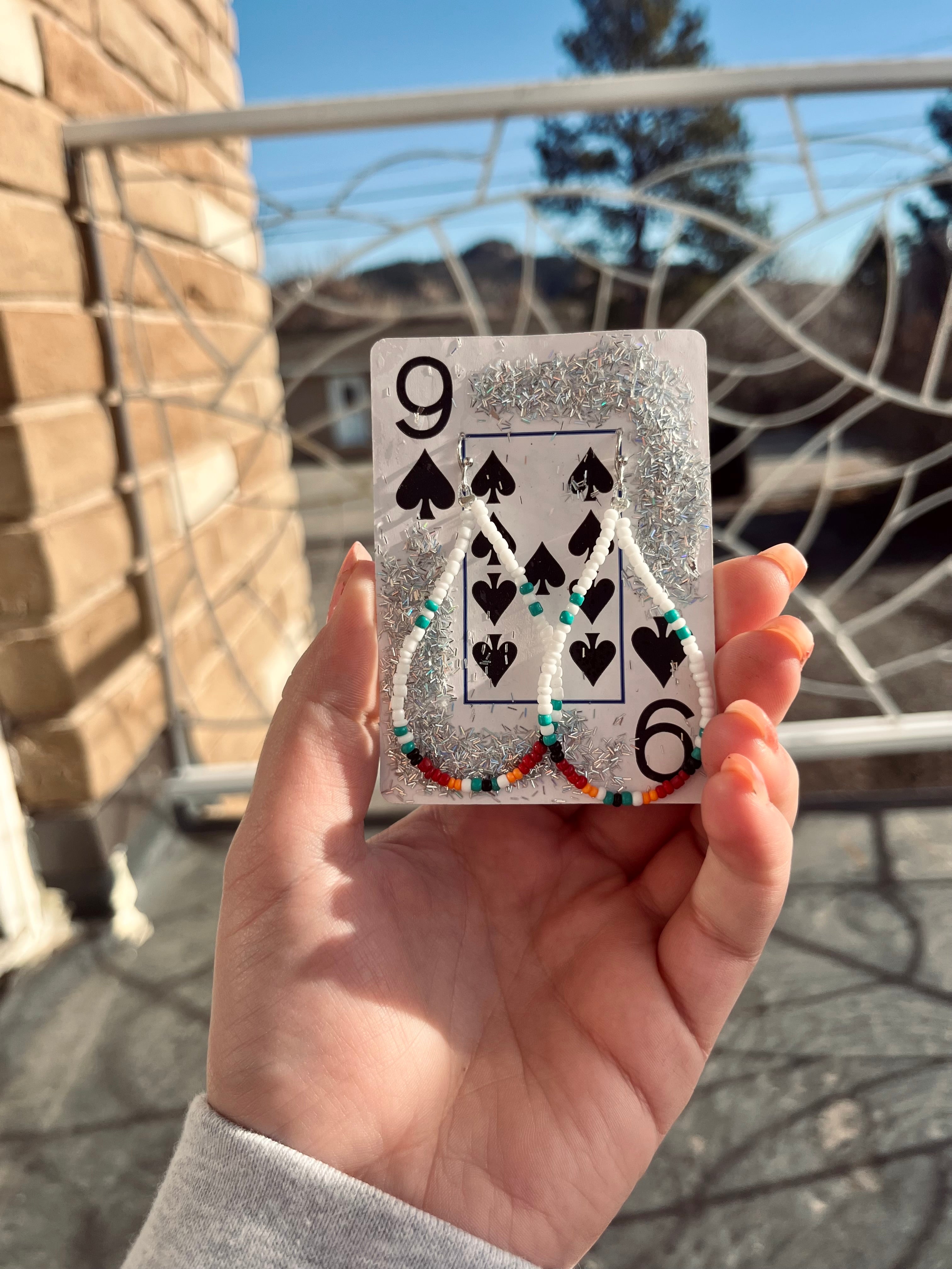 Dark Red and White Serape Beaded Earrings