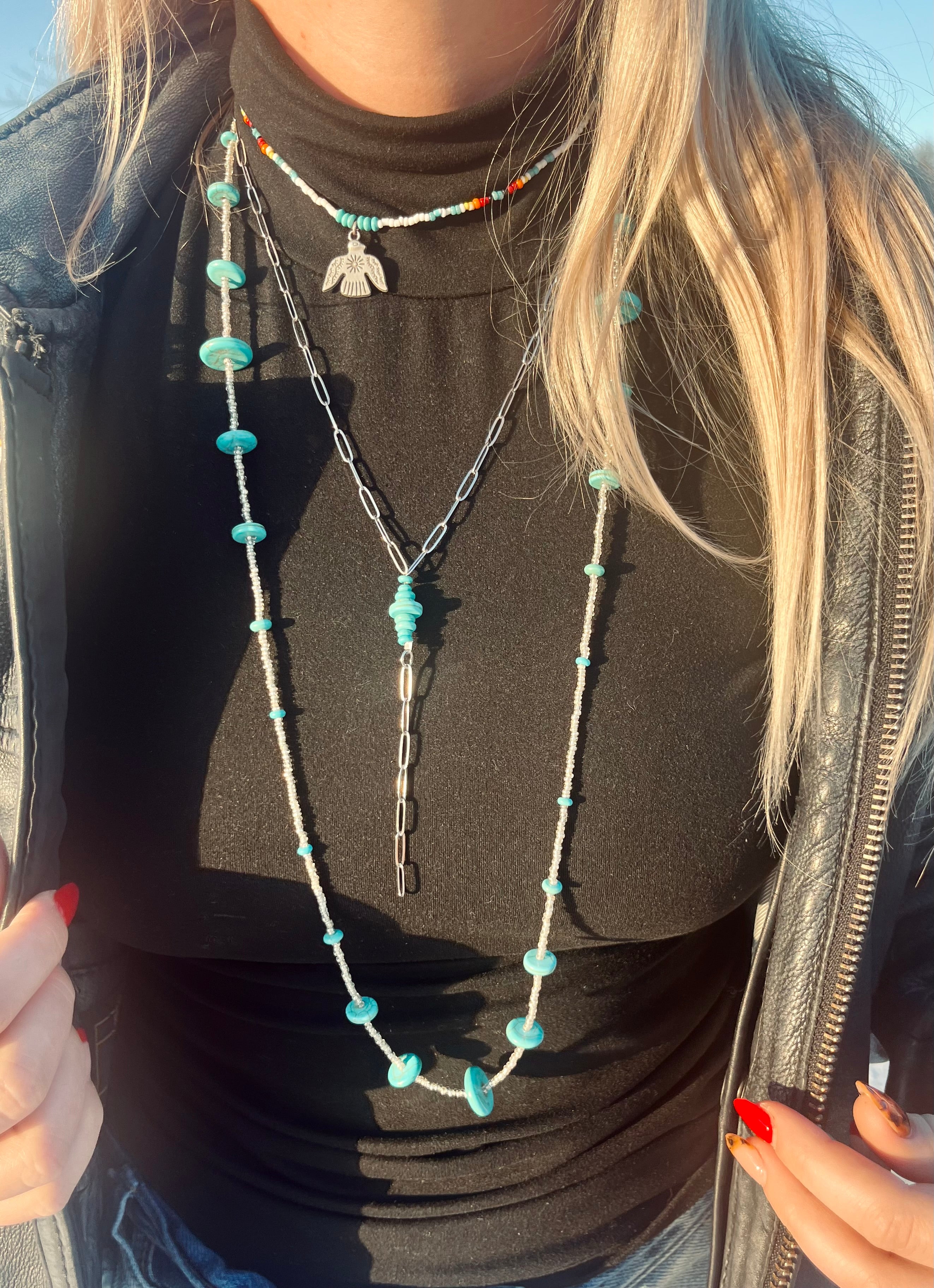 Long Turquoise Stone and Silver Necklace
