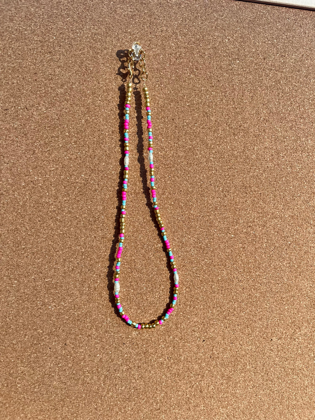 Gold Pink and Blue Necklace