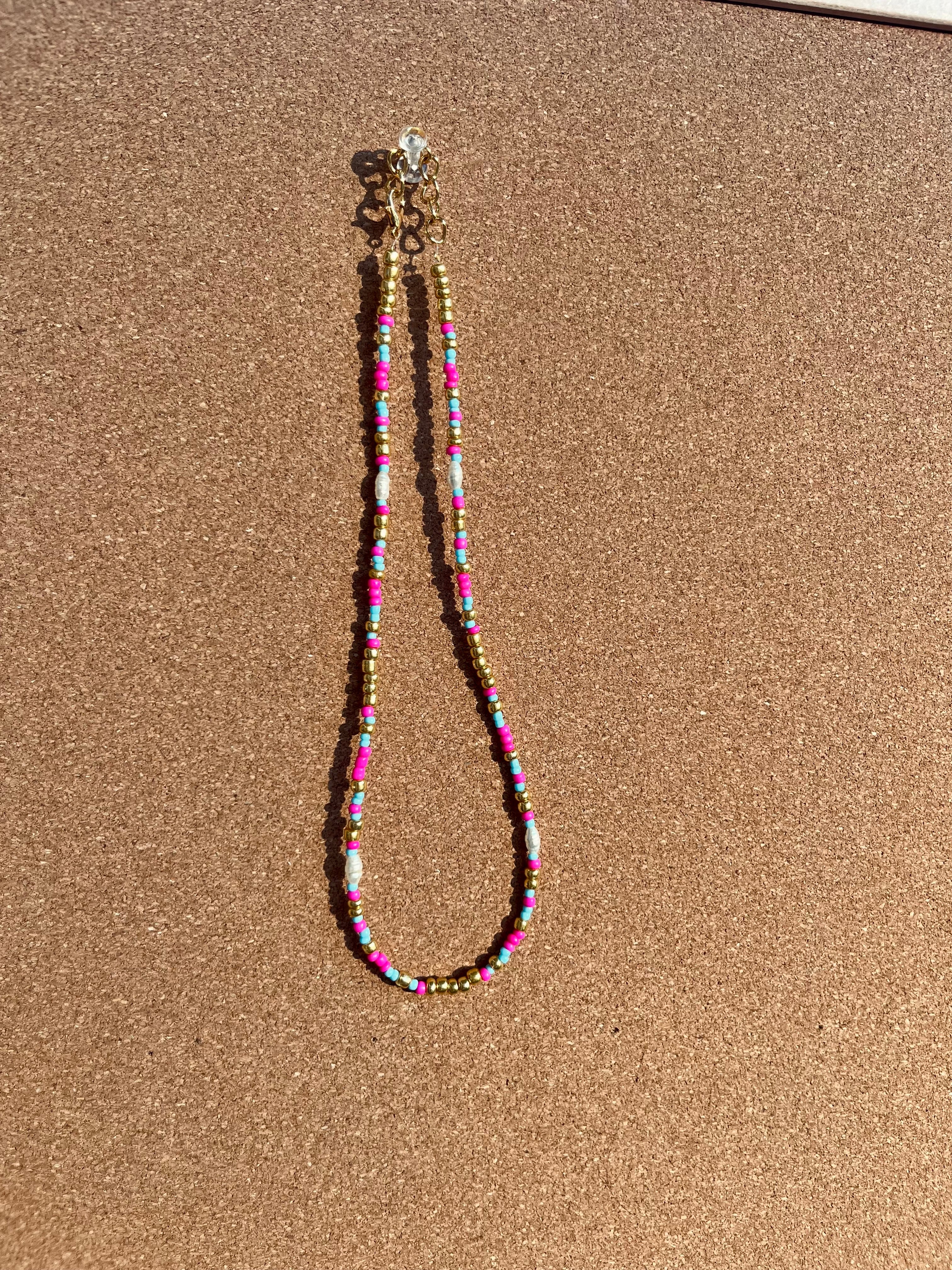 Gold Pink and Blue Necklace