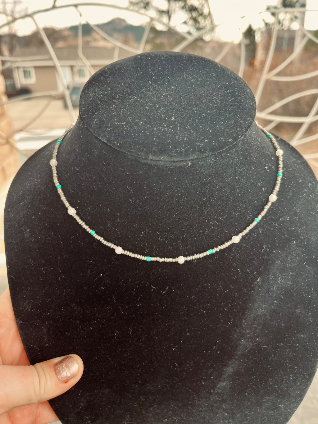 Dark Silver, Turquoise and Pearl Necklace