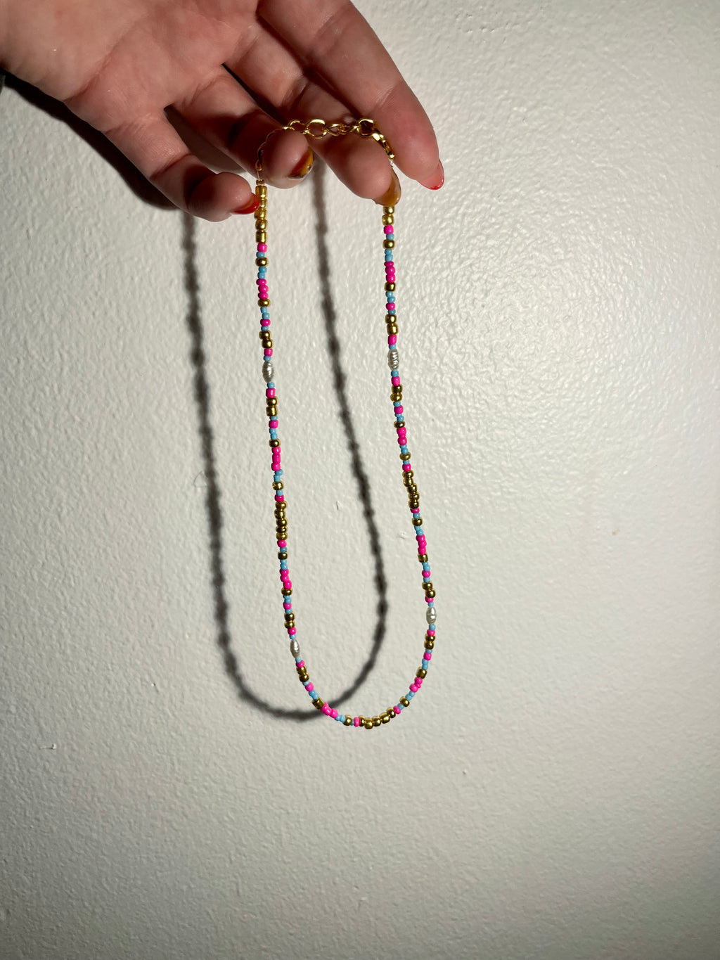 Gold Pink and Blue Necklace
