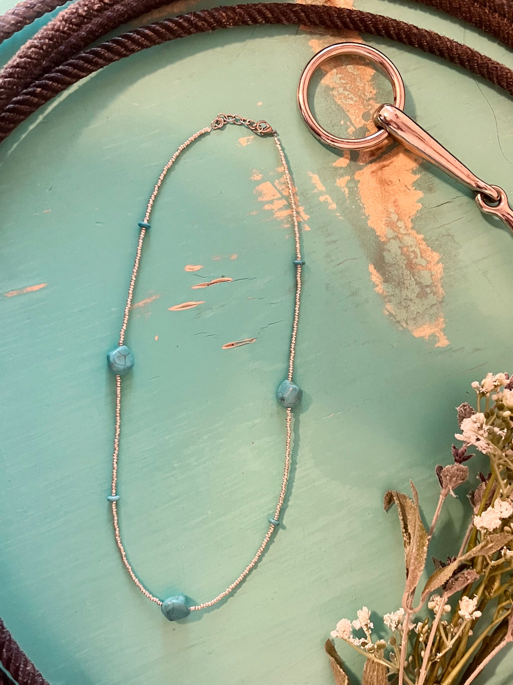 Long Silver with Turquoise Stone Necklace