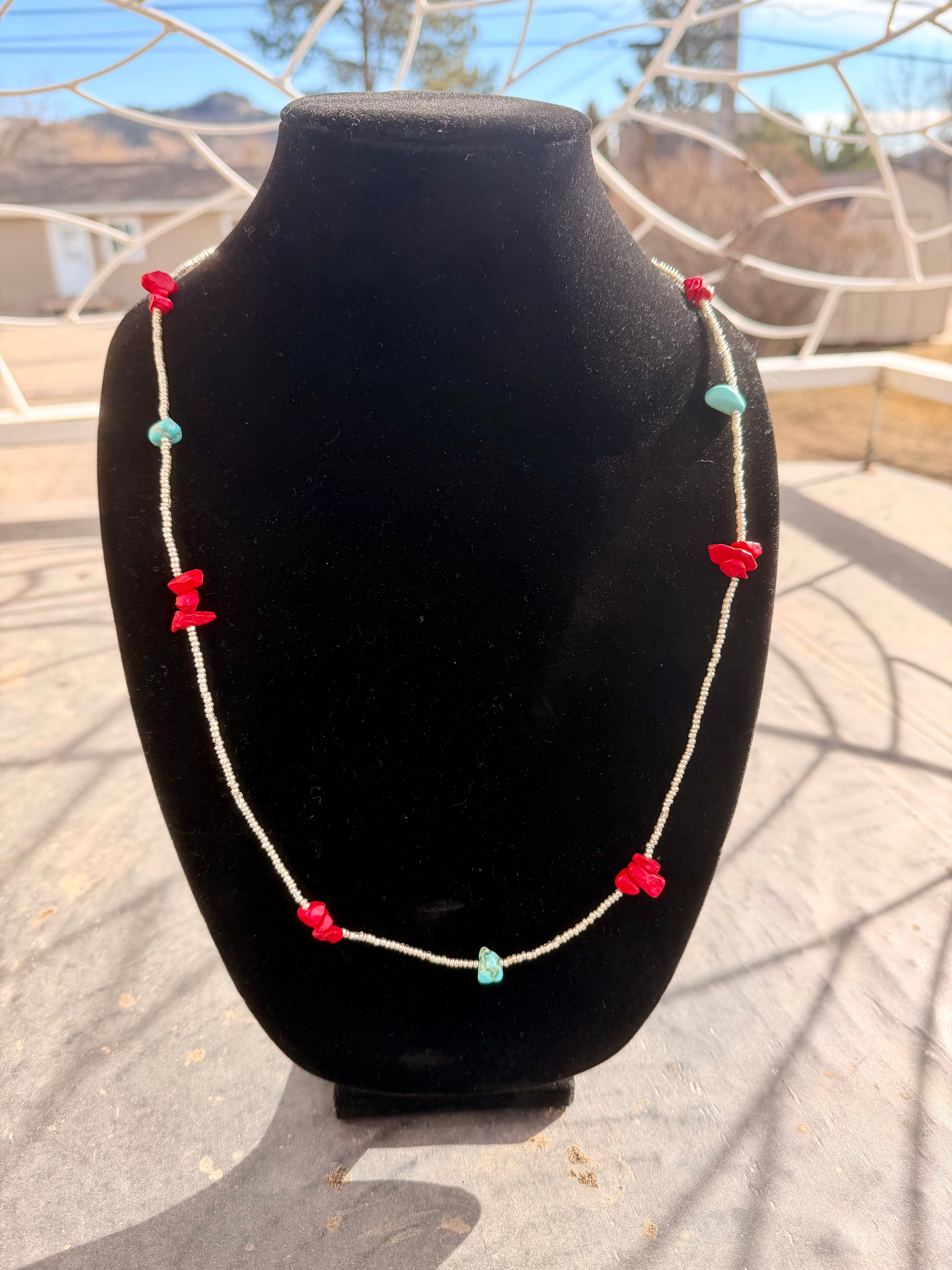 Silver with Red and Turquoise Stone Necklace
